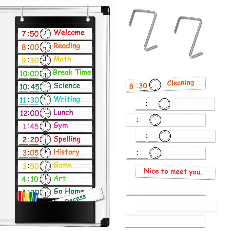 AUVCAS Daily Schedule Pocket Chart, Class Schedule with 13+1 Pockets 18 Dry Eraser Cards 2 Easy Over Door Mountings for Classroom, School, Office or Home (13â€ x 35.5â€) (Black) - Image 1